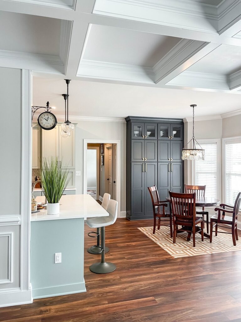 Kitchen and dining room remodel with a coffered ceiling, built in hutch and hardwood floors in Winchester, VA